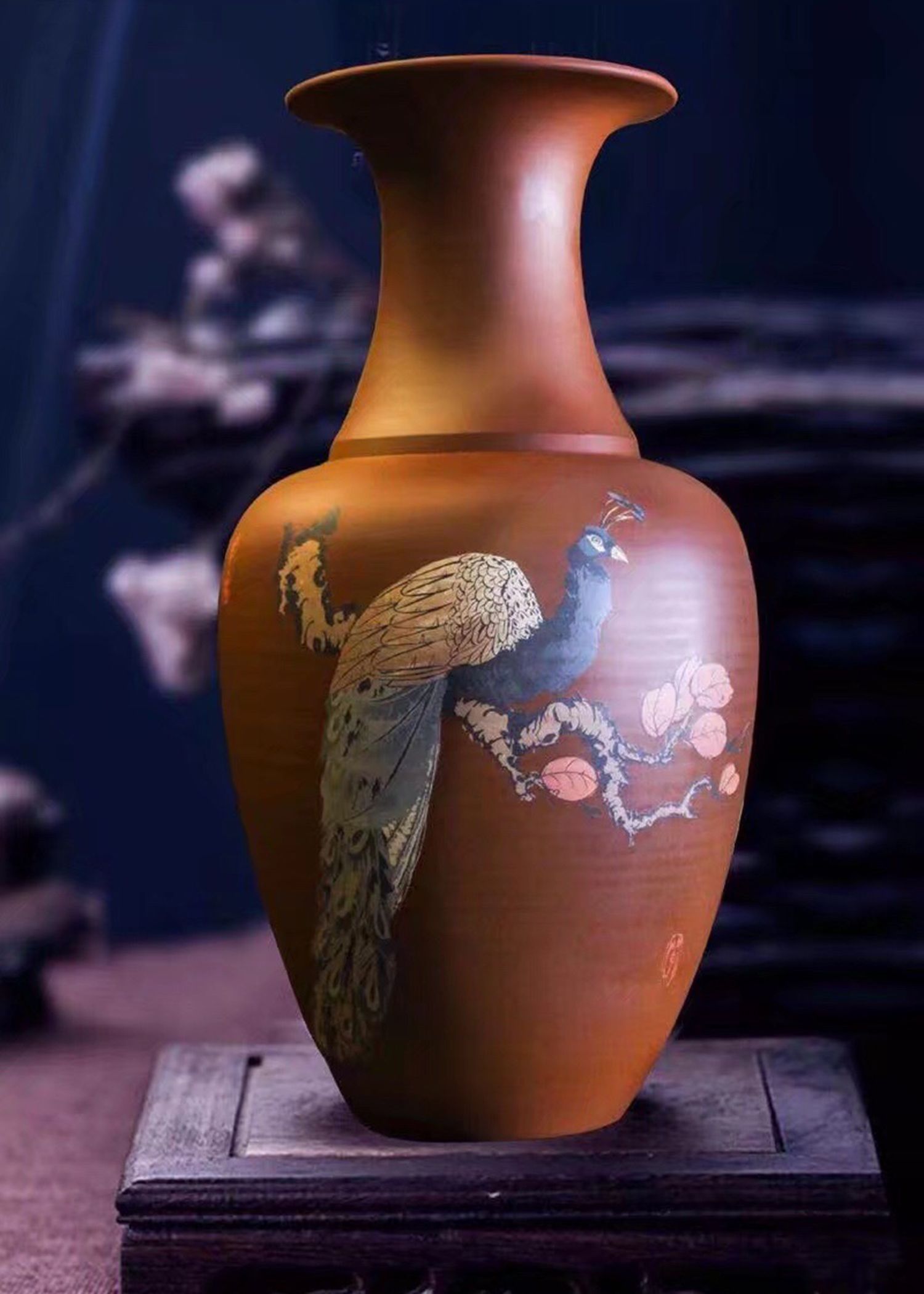 李正龙的作品-李正龙紫陶 彩填孔雀瓶